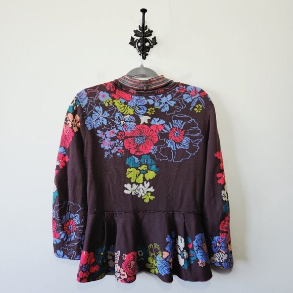 IVKO Floral Cardigan Sweater 40 Womens 10 Asymmetrical Buttons V Neck Cotton - Picture 2 of 4